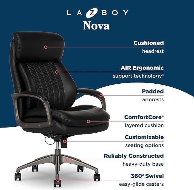 La-Z-Boy Nova Vegan Leather Modern Executive Ergonomic Design Office Chair, Memory Foam Thick Contoured Seat Back with Patented Lumbar Support Technology, Soft to Medium Sit Comfort, Black