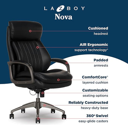La-Z-Boy Nova Vegan Leather Modern Executive Ergonomic Design Office Chair, Memory Foam Thick Contoured Seat Back with Patented Lumbar Support Technology, Soft to Medium Sit Comfort, Black