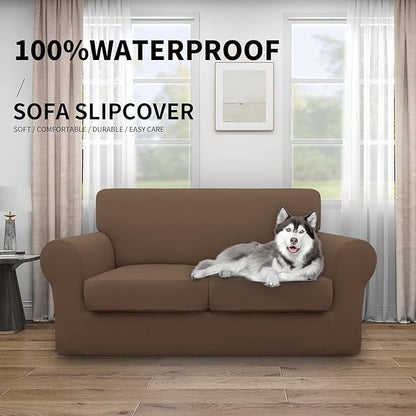 Easy-Going 100% Dual Waterproof Loveseat Cover Stretch Soft Couch Cover for Dogs, Sofa Slipcover for 2 Separate Cushion Couch Leakproof Furniture Protector for Kids, Pets Brown