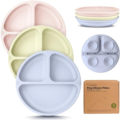 KeaBabies Suction Plates for Baby, Toddler - 3-Pack 100% Silicone Toddler Plates, Divided Baby Plates with Suction, Silicone Plates for Baby, Kids, BPA-Free, Microwave, Dishwasher Safe (Rain)