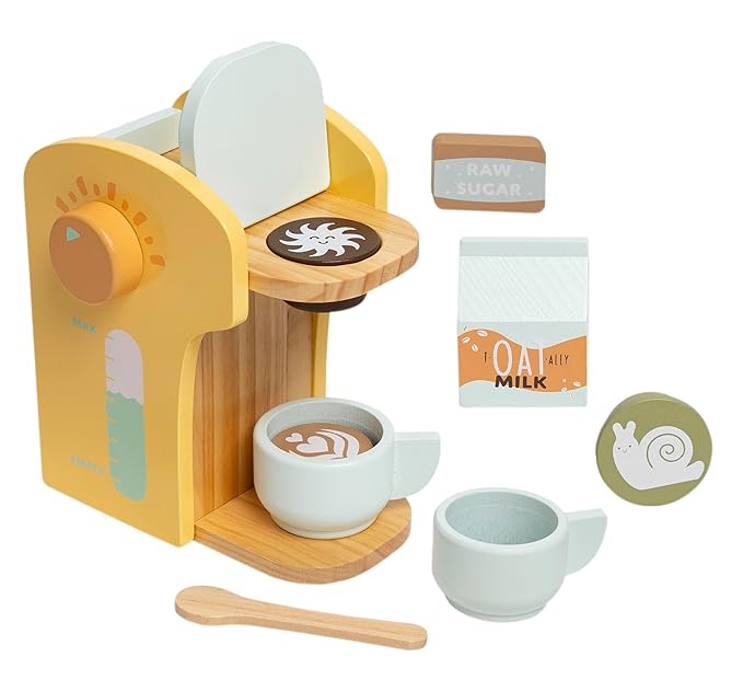Pearhead Barista in Training Montessori Toy Coffee Maker, Wooden Pretend Play Toy Set for Developmental Learning, Play Kitchen Set for Toddlers Ages 3+ Years, 9 Piece Wooden Play Toy Set