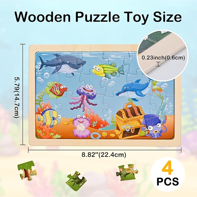 Puzzles for Kids Ages 4-6, Wooden Puzzles for Toddlers, 4 Packs 24 PCS Thickened Sea and Animal Puzzle Toys, Preschool Educational Puzzle Toys for Boys and Girls 3 4 5 6 Years Old
