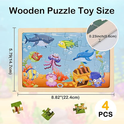 Puzzles for Kids Ages 4-6, Wooden Puzzles for Toddlers, 4 Packs 24 PCS Thickened Sea and Animal Puzzle Toys, Preschool Educational Puzzle Toys for Boys and Girls 3 4 5 6 Years Old