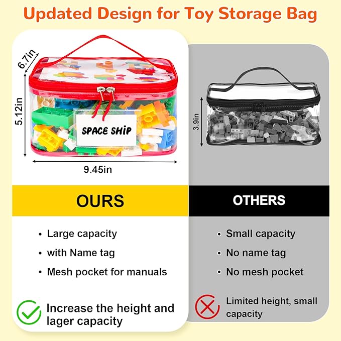 Tesuko 6 Pack Clear Toy Storage Bag with Name Tag& Manual Pocket, Waterproof Transparent PVC Toy Organizer Case for Lego Bricks, Board Games, Building Blocks, Puzzles (Large Capacity, Colorful)