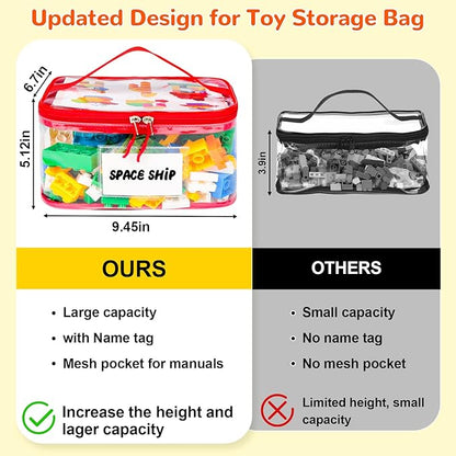 Tesuko 6 Pack Clear Toy Storage Bag with Name Tag& Manual Pocket, Waterproof Transparent PVC Toy Organizer Case for Lego Bricks, Board Games, Building Blocks, Puzzles (Large Capacity, Colorful)