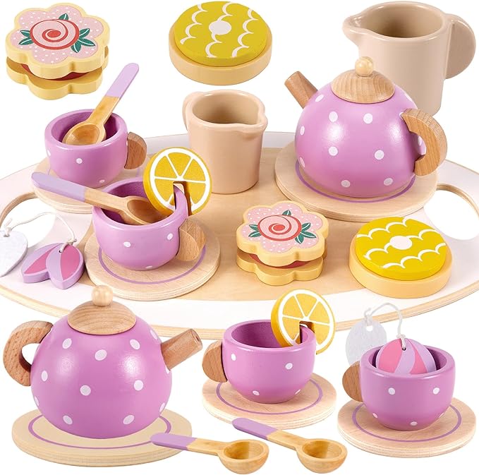 BUYGER Wooden Tea Party Set for Little Girls with Play Food Kitchen Accessories Toy Pretend Play Princess Tea Party Time for Girls Boys Children Toddlers 3 4 5 6 7+ Years Old