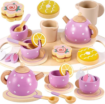 BUYGER Wooden Tea Party Set for Little Girls with Play Food Kitchen Accessories Toy Pretend Play Princess Tea Party Time for Girls Boys Children Toddlers 3 4 5 6 7+ Years Old