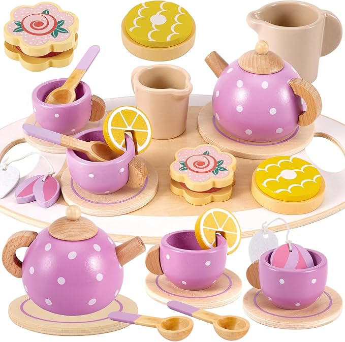 BUYGER Wooden Tea Party Set for Little Girls with Play Food Kitchen Accessories Toy Pretend Play Princess Tea Party Time for Girls Boys Children Toddlers 3 4 5 6 7+ Years Old