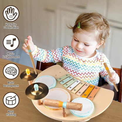 Toddlers Drum Set Toys for 1 Year Old Boy Girls,Baby Drum with Xylophone for Toddlers 1-3,Musical Instruments, Kids Wooden Montessori Toys, Christmas Birthday Gifts for Age 1 2 3+