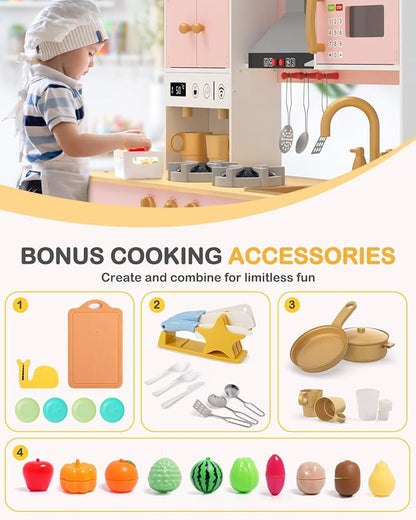 Babytronic Wooden Play Kitchen Set, Pretend Play Kitchen with Lights and Sounds for Kids Ages 3+, Includes Stove, Oven, Microwave, Coffee Maker, and Accessories, Toy Kitchen Set for Toddlers (Pink)