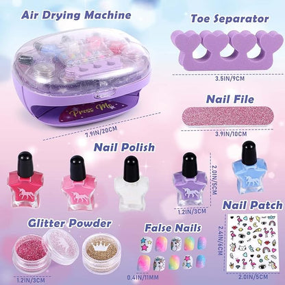 Golray Kids Nail Polish Set for Girls, All-in-One Nail Art Kit - Nail Dryer/ Nail Polish/ Glitter Powder/ False Nails/ Nail Decals/ Toe Separator/File, Age 3-12 Little Girl Gift Toys