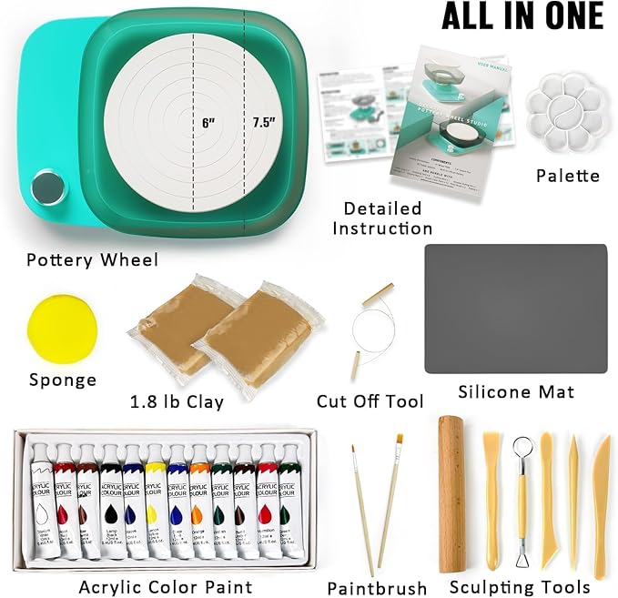 Pottery Wheel for Adults Beginners Kids - 6" Variable Speed Pottery Wheel Tool Kit, RPM Speed Adjustable with Rechargeable Battery, 1.8 Lb Air Dry Clay, Art Supplies, Crafts for Adults Teenager