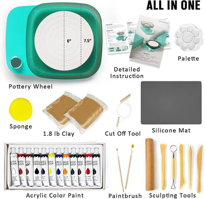 Pottery Wheel for Adults Beginners Kids - 6" Variable Speed Pottery Wheel Tool Kit, RPM Speed Adjustable with Rechargeable Battery, 1.8 Lb Air Dry Clay, Art Supplies, Crafts for Adults Teenager