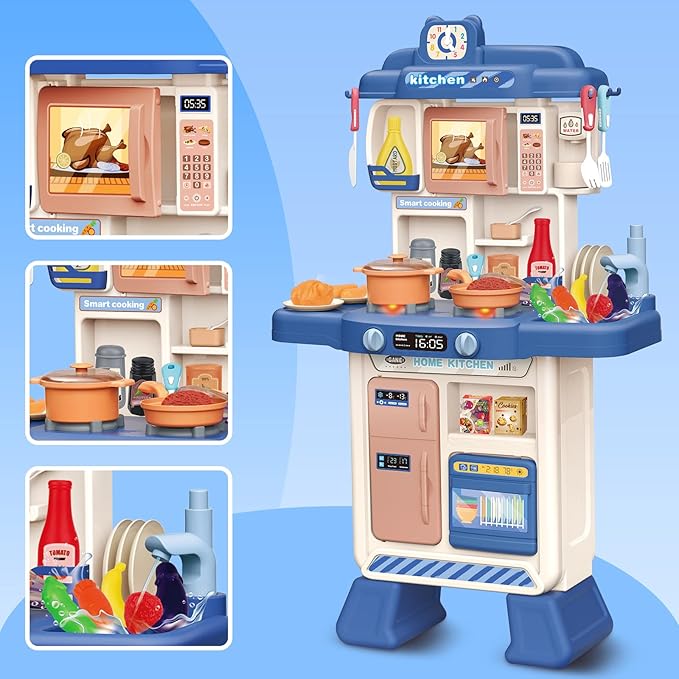 deAO Kids Kitchen Playset 35PCS Play Kitchen Toys Accessories with Sounds Lights,Cooking Stove Steam,Pretend Play for Toddler Aged 3 4 5 6 7 8 Years (Blue)