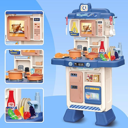 deAO Kids Kitchen Playset 35PCS Play Kitchen Toys Accessories with Sounds Lights,Cooking Stove Steam,Pretend Play for Toddler Aged 3 4 5 6 7 8 Years (Blue)