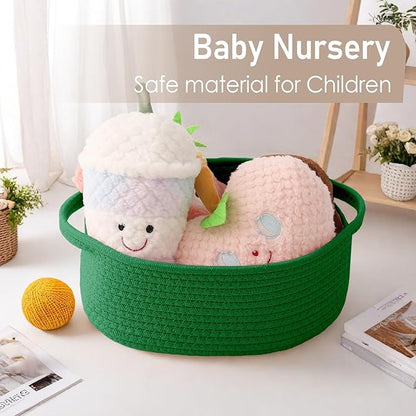JMvicyroam Woven Basket,Small Rope Storage Bin with Handles & Ribbon Bag, Organizer for Shelves Closets,Gift Basket Empty for Birthday,Books,Dog Toys, Green/2 Pack