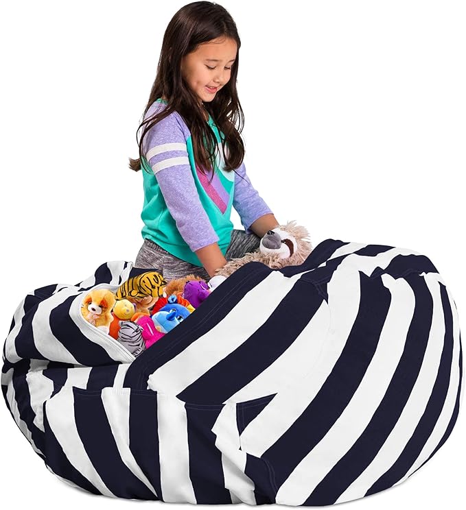 Posh Stuffable Kids Stuffed Animal Storage Bean Bag Chair Cover - Childrens Toy Organizer, X-Large 48" - Canvas Stripes Blue and White