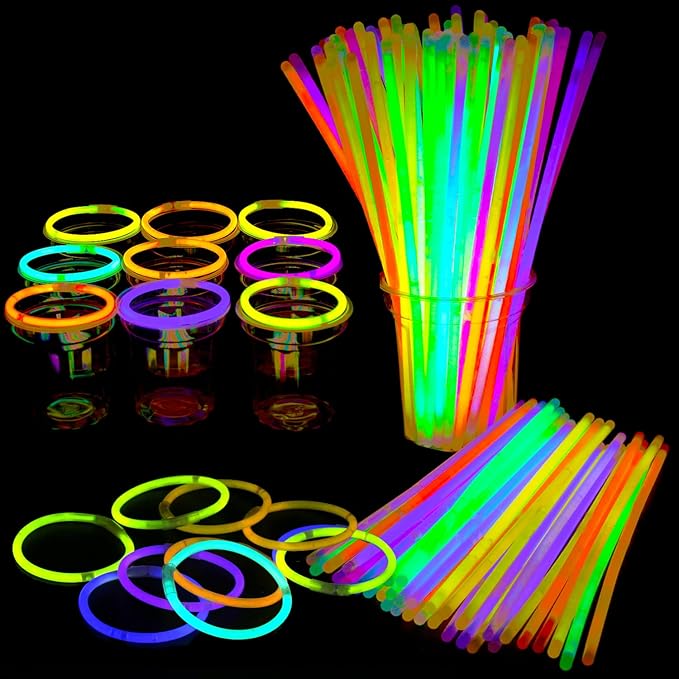 LOMIMOS 100PCS Spring Glow Sticks(8"),Glow in The Dark Party Supplies with Connectors,Bracelets and Necklaces for Kids Concert Wedding Birthday