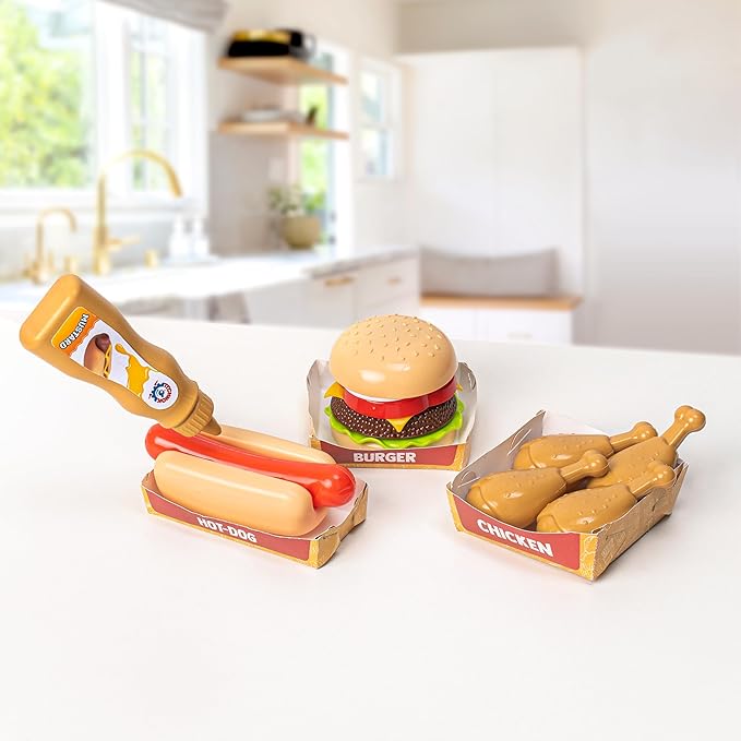 Pretend Play Kitchen Toys Cookware (79PCS) with Play Food Toy Set - Play Dishes Cookware Set - Play Food Set for Toddler Boys Girls 3+ Years - Hot Dog Ice Cream Burger