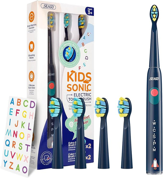 SEAGO Kids Electric Toothbrush, Sonic Soft Bristle Rechargeable Toothbrushes with DIY Stickers, 5 Modes, Includes 4 Replacement Brush Heads, Ages 3 to 12 Years Old (Navy)