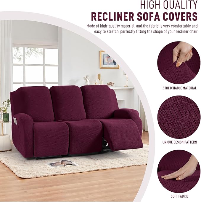 KinCam Recliner Covers, Stretch Reclining Chair Covers, Recliner Sofa Slipcovers Stripe Jacquard Recliner Couch Covers Furniture Protector Covers for Pet Kid (3 Seater, Burgundy)
