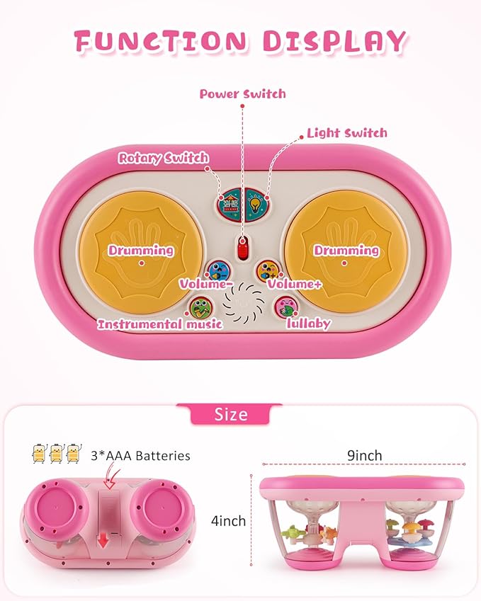 Baby Toys for 6 to 12 Months: 7 Models Pink Rotating Light Up Drum Musical Instruments for 12-18 Months Kids, Tummy Time Toys for Baby 0-3-6-9 Months, Walker for Boy Girl Gifts