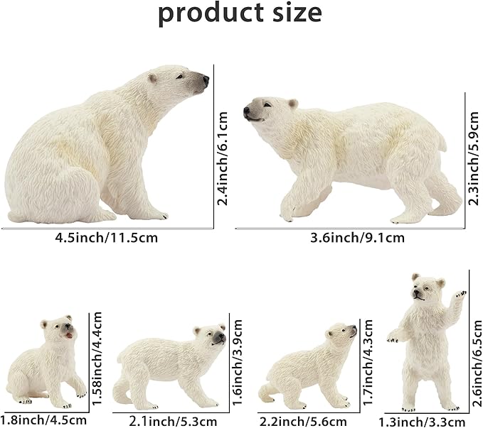 Toymany 6PCS Polar Bear Figurines Toy with Polar Bear Cub, 2-4" Realistic Plastic Arctic Animals Figures Family Set for Christmas Educational Toys Cake Toppers Birthday Gifts for Kids