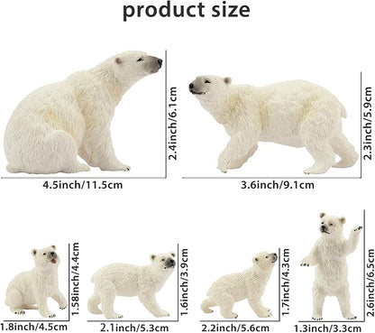 Toymany 6PCS Polar Bear Figurines Toy with Polar Bear Cub, 2-4" Realistic Plastic Arctic Animals Figures Family Set for Christmas Educational Toys Cake Toppers Birthday Gifts for Kids
