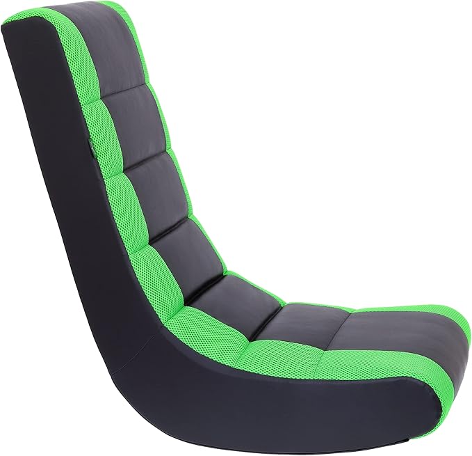 The Crew Furniture Classic Video Rocker Floor Gaming Chair, Kids and Teens, Racing Stripe PU Faux Leather & Polyester Mesh, Black/Green