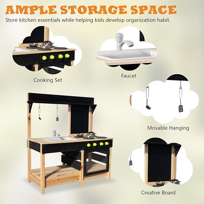 Mud Kitchen Playset for, Outdoor Wooden Toy Play Kitchen Set for Boys and Girls, Kitchen Accessories and Garden Sink with Faucet, Blackboard, Cookware Pot (Black)