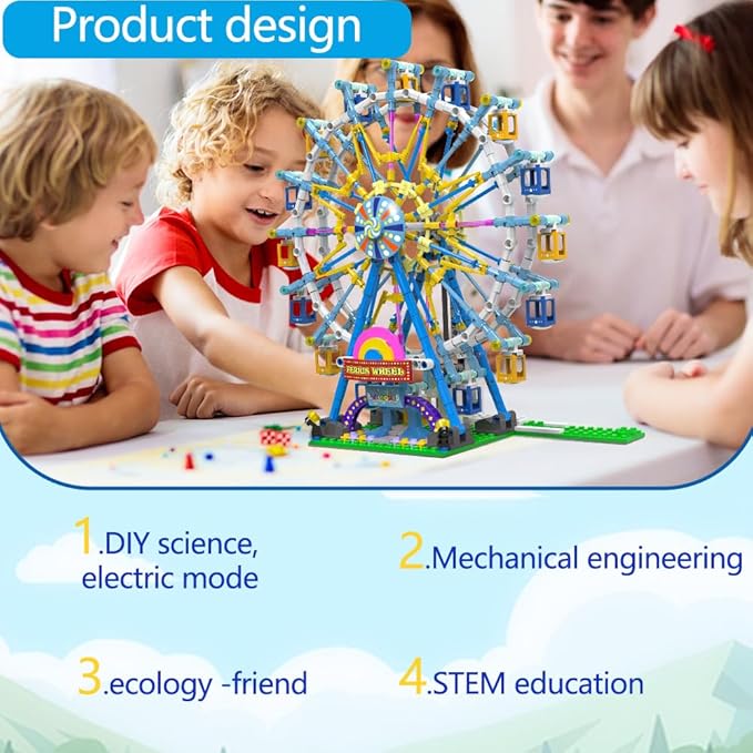 Rotating Ferris Wheel Building Blocks Kit with Lights Amusement Park Building Construction Toys Set for 6+ Year Boys Girls Birthday Gift, for Children 813pcs