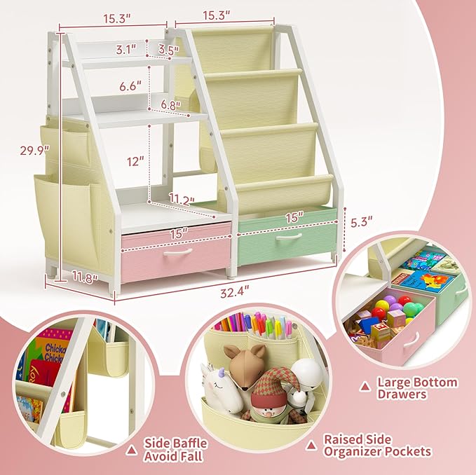 Twinkoo Kids Bookshelf and Toy Storage, Sturdy 3 Tier Kids Bookcase, Sling Bookshelf and 2 Toy Boxes, Toddler Montessori Bookshelf with Toy Organizer, for Kids Room, Game Room, Nursery
