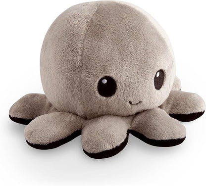 TeeTurtle Reversible Octopus Plushie 4-Inch Black + Gray Two-Sided Flip Plush Toy with Embroidered Details - Cute Mini Collectible Plush for Kids, Teens, and Adults
