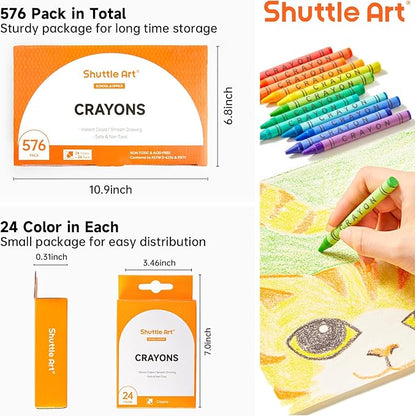 Shuttle Art Crayons Bulk Set - 24 Boxes of 24 Assorted Colors, 576 Count Durable & Non-Toxic Teacher-Quality Crayons, School Supplies bulk in Crayons For Family Class Party Favors
