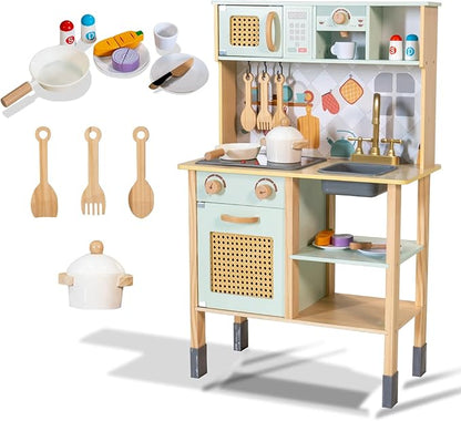 Garsing Play Kitchen for Kids Toddlers with Sounds, Wooden Kids Kitchen Playset with Realistic Features, Modern Toy Kitchen Sets with Storage and Accessories for Boys Girls, Age 3+, Green