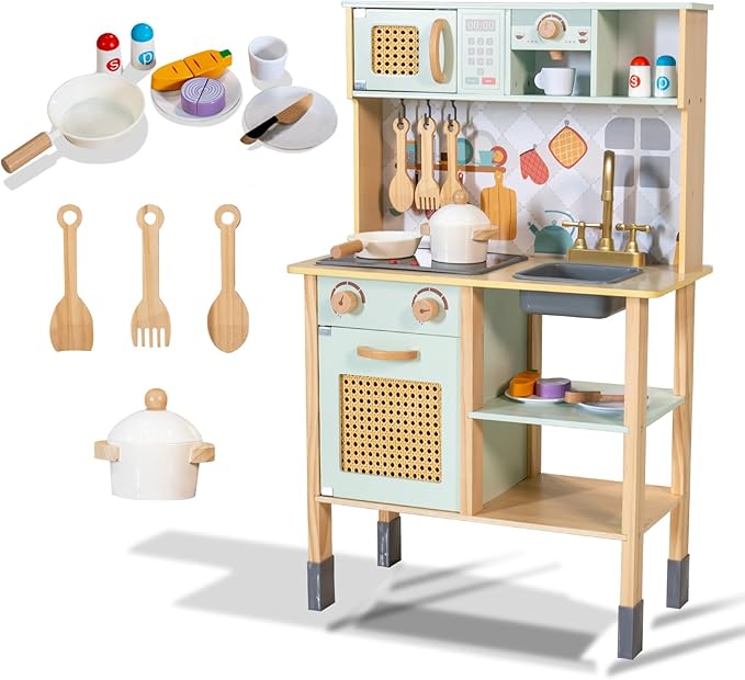 Garsing Play Kitchen for Kids Toddlers with Sounds, Wooden Kids Kitchen Playset with Realistic Features, Modern Toy Kitchen Sets with Storage and Accessories for Boys Girls, Age 3+, Green