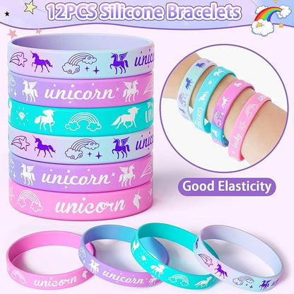 12 Sets Unicorn Party Favors Birthday Supplies for Girls Kids, Drawstring Bag Silicone Bracelet Tattoo Sticker Keychain Unicorn Pinata Filler Goodie Bag Stuffers Unicorn Birthday Party Supplies