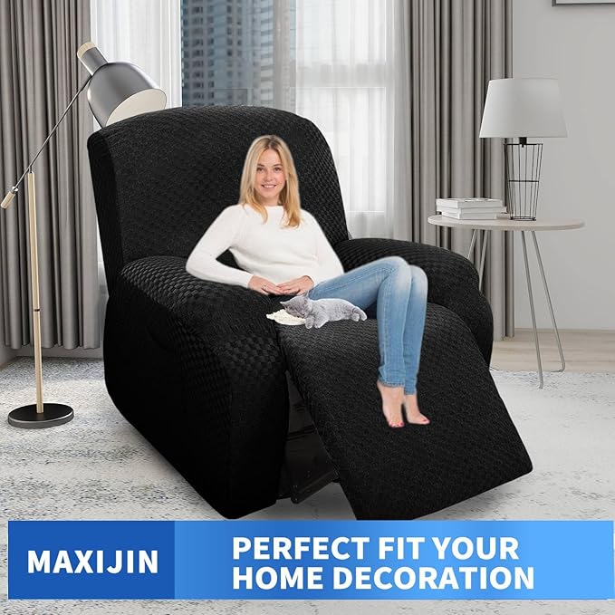 MAXIJIN Oversized Recliner Covers That Stay in Place 4 Pieces Stretch Large Recliner Chair Covers Jacquard Dogs Cats Proof Reclining Slipcovers with Elastic Bottom (XL Recliner, Black)