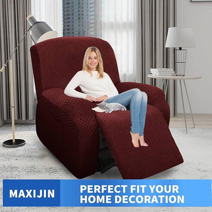 MAXIJIN Oversized Recliner Covers That Stay in Place 4 Pieces Stretch Large Recliner Chair Covers Jacquard Dogs Cats Proof Reclining Slipcovers with Elastic Bottom (XL Recliner, Wine Red)