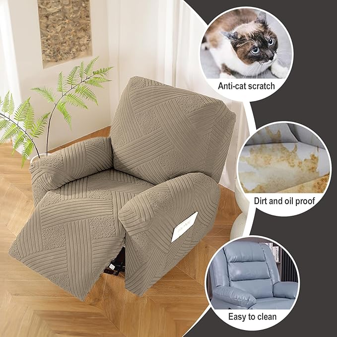 NORTHERN BROTHERS Recliner Chair Covers - Lazy Boy Recliner Covers That Stay in Place, 4 Pieces Reclining Chair Cover Recliner Slipcovers 1 Seater, Khaki