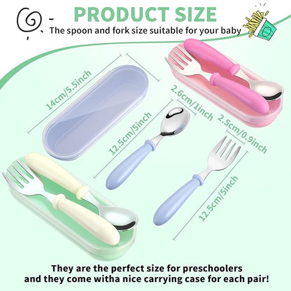 9 Pieces Toddler Utensils Stainless Steel Fork and Spoon Safe Baby Silverware Set, Kid Safe Utensils Children's Flatware Kids Cutlery Set with Round Handle for LunchBox (White, Rose Red, Blue)