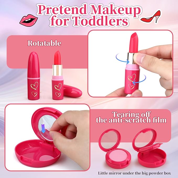 Woumserta Toddler Girls Toys Pretend Makeup Kits - Fake Makeup Set Toys for Kids 3 4 5 6 Year Old, Play Makeup Gift for Little Girls 3-5, Toddler Makeup Kit with Fake Makeup Toy Birthday Gift (Red)