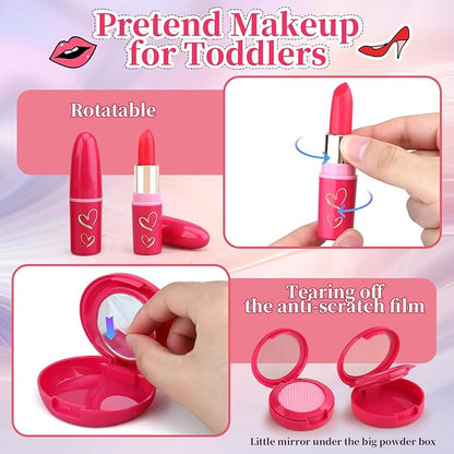 Woumserta Toddler Girls Toys Pretend Makeup Kits - Fake Makeup Set Toys for Kids 3 4 5 6 Year Old, Play Makeup Gift for Little Girls 3-5, Toddler Makeup Kit with Fake Makeup Toy Birthday Gift (Red)
