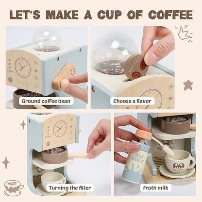 Kids Coffee Playset Kitchen Toys，Wooden Coffee Maker Toy Set with Play Kitchen Accessories, Pretend Play Coffee Set for Kids Girls Boys