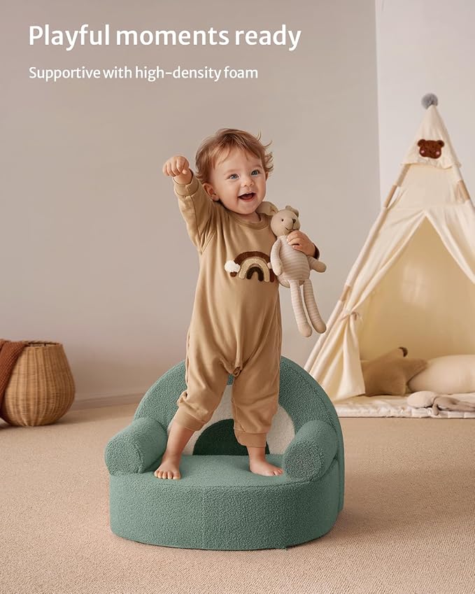 Blissful Diary Toddler Chair Comfy, Foam Kids Chair with Soft Teddy Plush, Toddler Reading Armchair with Cute Rainbow Designs- Sage Green