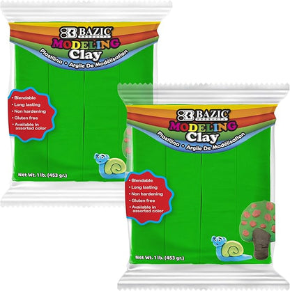 BAZIC Modeling Clay Green Color 1 LB, Light Dough Art Craft, Non Toxic Gift for Artist Kids Toddler Boys Girls, Bulk for Classroom, 2-Pack