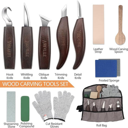 VIBRATITE Wood Carving Kit, 14 PCS Wood Carving Tools Set with Detail Carving Knife, Spoon Blanks, Whittling Knife, Wood Whittling Kit for Beginners Kids Adults Woodworking DIY
