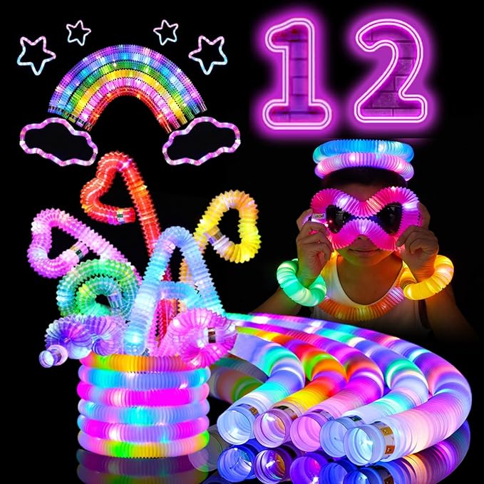 12 PCS Light Up Glow Sticks - LED Pop Tubes, Glow Tubes Glow in The Dark Party Supplies, Sensory Toys Birthday Glow Party Favors for Kids, Light Up Toys Goodie Bag Stuffers Gifts