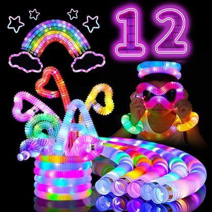 12 PCS Light Up Glow Sticks - LED Pop Tubes, Glow Tubes Glow in The Dark Party Supplies, Sensory Toys Birthday Glow Party Favors for Kids, Light Up Toys Goodie Bag Stuffers Gifts