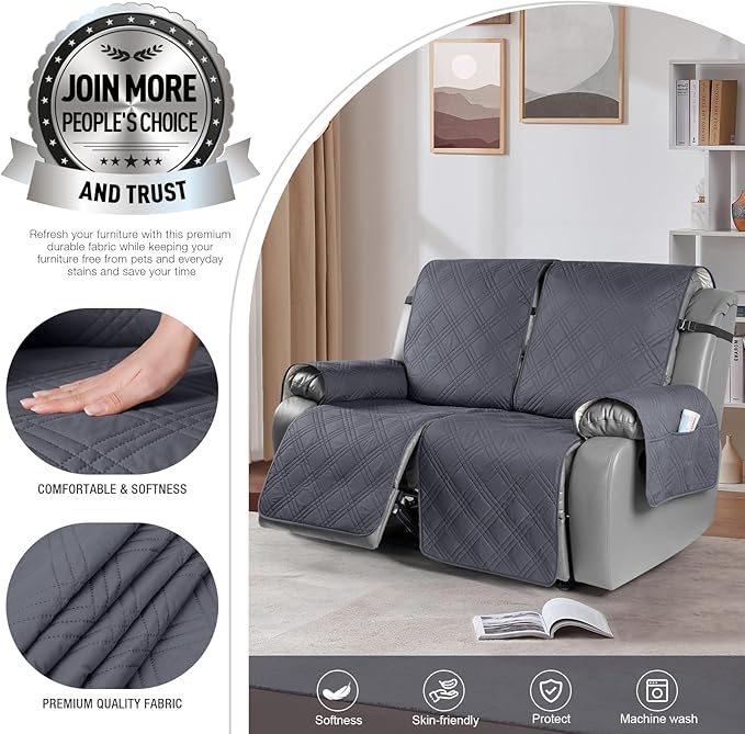 TAOCOCO 100% Waterproof Oversized Loveseat Recliner Cover, Non Slip Split Recliner Couch Covers for 2 Cushion Couch with Elastic Straps for Pets Kids(Oversized 2 Seater, Dark Grey)